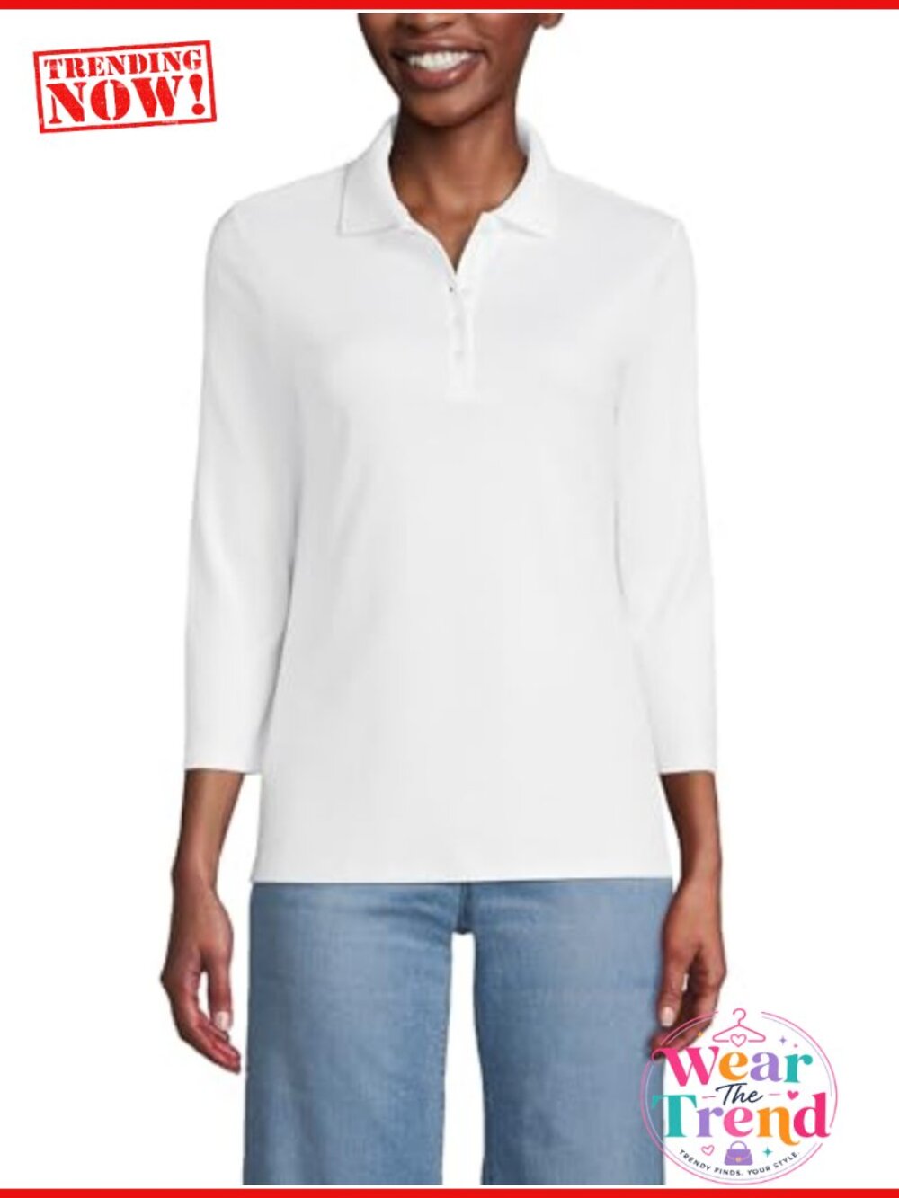 Supima Cotton 3/4 Sleeve Polo Shirt Button Placket Collared Casual Top